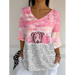 Women Halloween Pumpkin Pink Ribbon Three Quarter Sleeve Tee T-shirt V Neck Printing Festival Spring/Fall Graphic Tee Top