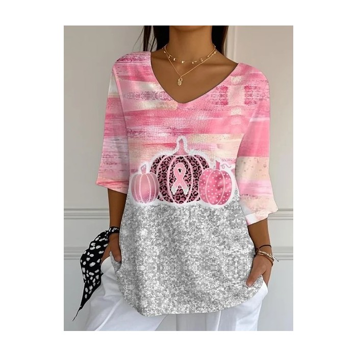 Women Halloween Pumpkin Pink Ribbon Three Quarter Sleeve Tee T-shirt V Neck Printing Festival Spring/Fall Graphic Tee Top