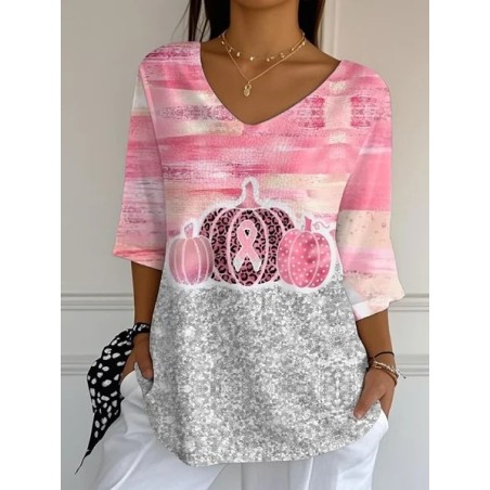 Women Halloween Pumpkin Pink Ribbon Three Quarter Sleeve Tee T-shirt V Neck Printing Festival Spring/Fall Graphic Tee Top
