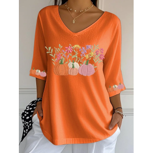 Women Halloween Pumpkin Orange Floral Three Quarter Sleeve Tee T-shirt V Neck Printing Festival Spring/Fall Graphic Tee Top