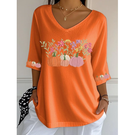Women Halloween Pumpkin Orange Floral Three Quarter Sleeve Tee T-shirt V Neck Printing Festival Spring/Fall Graphic Tee Top