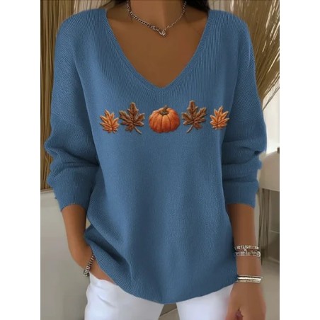 Women Floral Spring/Fall Casual Long Sleeve V Neck Cotton Sweater