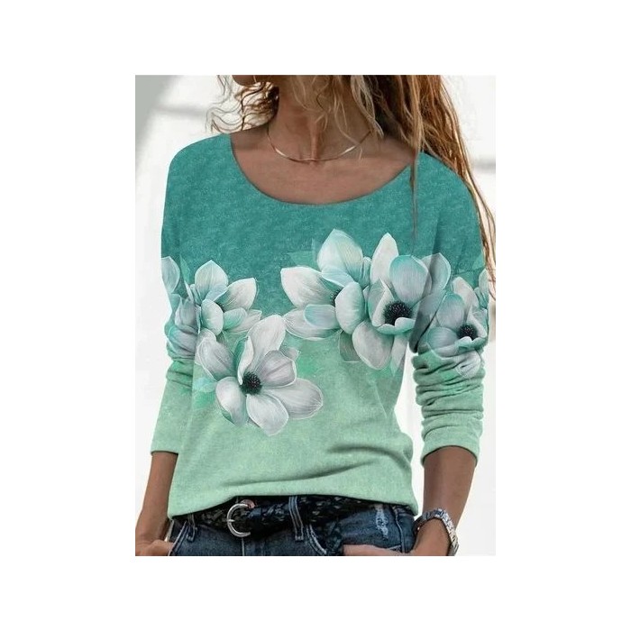 Women Floral Long Sleeve Tee T-shirt Crew Neck Printing Casual Spring/Fall Graphic Tee Top