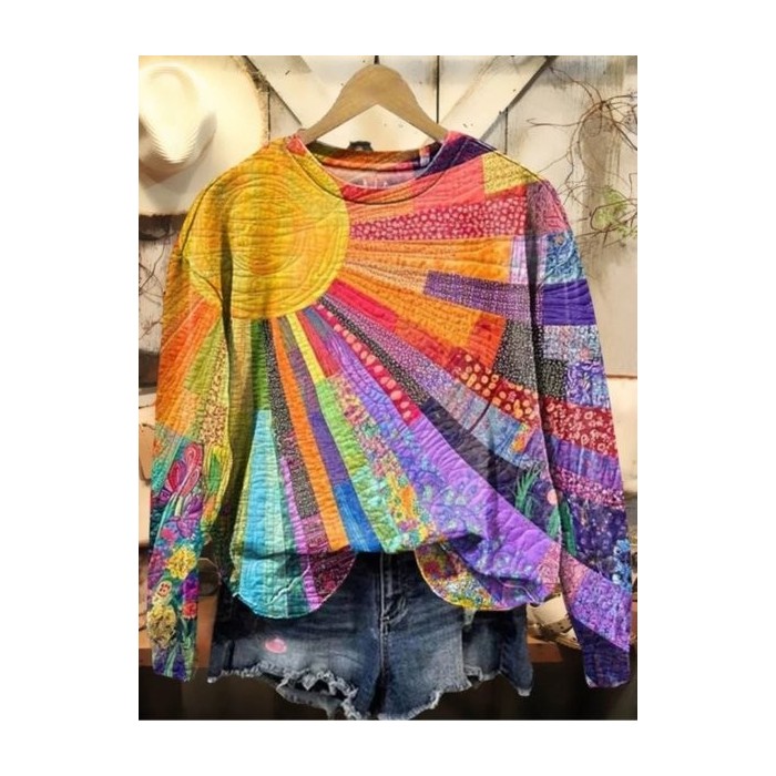 Women Color Block Crew Neck Vintage Spring/Fall Long Sleeve Sweatshirt