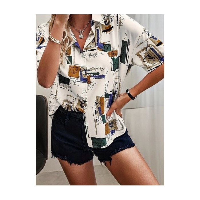 Women Abstract Short Sleeve Shirt Summer Printing Shirt Collar Daily Casual Top
