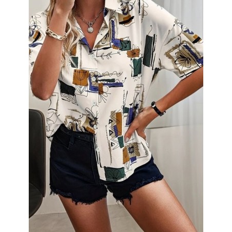 Women Abstract Short Sleeve Shirt Summer Printing Shirt Collar Daily Casual Top