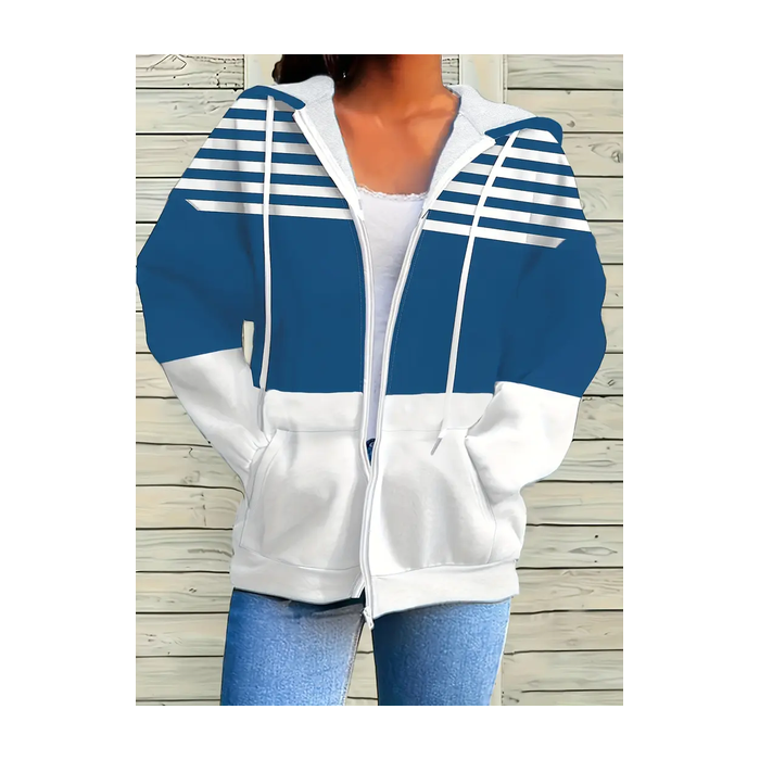 Women Spring/Fall Outerwear Casual Printing Striped Long Sleeve Hoodie Jacket