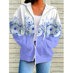 Women Spring/Fall Outerwear Casual Printing Floral Long Sleeve Hoodie Jacket