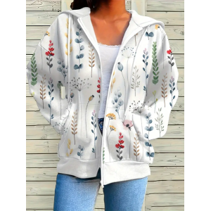Women Spring/Fall Outerwear Casual Printing Floral Long Sleeve Hoodie Jacket