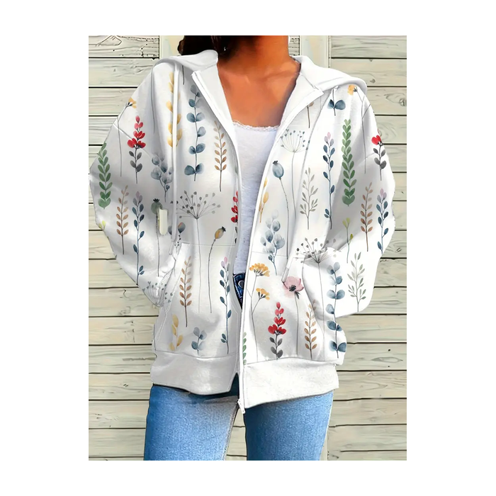 Women Spring/Fall Outerwear Casual Printing Floral Long Sleeve Hoodie Jacket