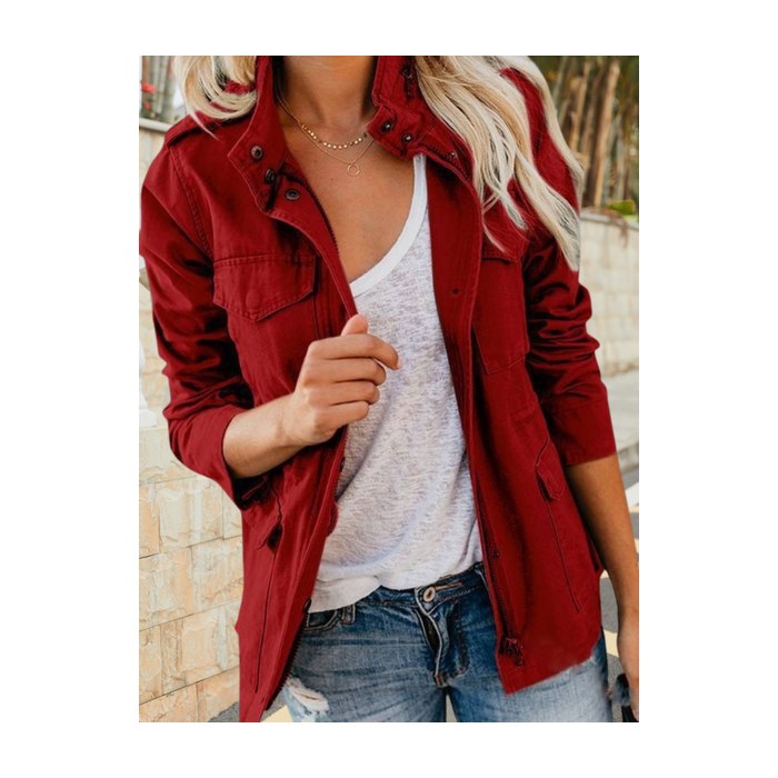 Women Spring/Fall Outerwear Vintage Split Joint Plain Long Sleeve Stand Collar Jacket