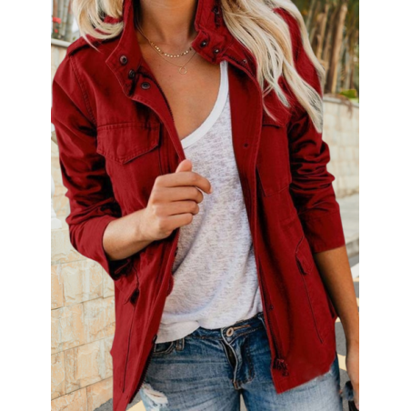 Women Spring/Fall Outerwear Vintage Split Joint Plain Long Sleeve Stand Collar Jacket