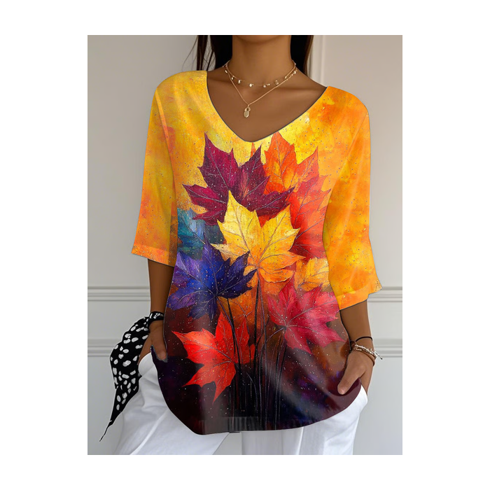 Women Maple Leaf Three Quarter Sleeve Tee T-shirt V Neck Printing Casual Spring/Fall Graphic Tee Top
