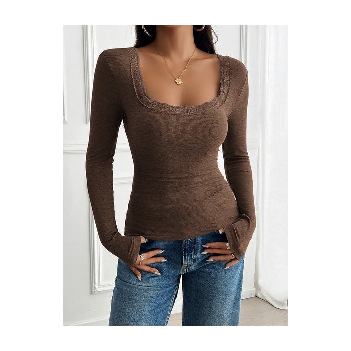 Women Floral Long Sleeve Tee T-shirt Square Neck Split Joint Casual Spring/Fall Top