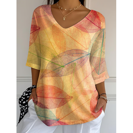 Women Leaf Three Quarter Sleeve Tee T-shirt V Neck Printing Casual Spring/Fall Graphic Tee Top