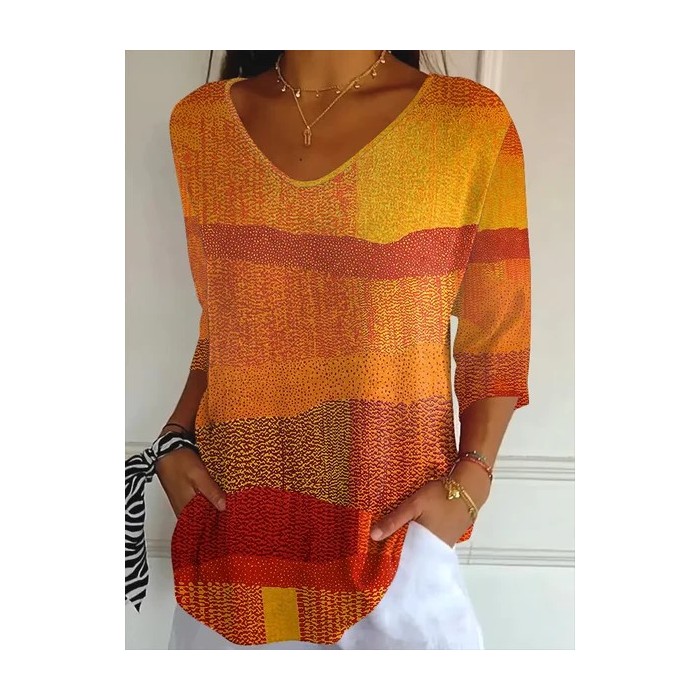 Women Abstract Three Quarter Sleeve Tee T-shirt V Neck Printing Casual Spring/Fall Graphic Tee Top