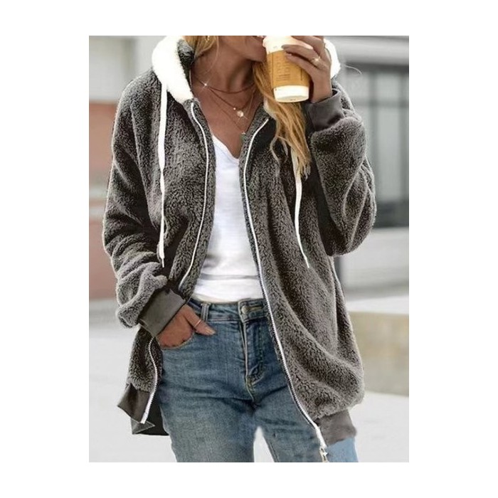Women's Winter Outerwear Fluff/Granular Fleece Fabric Casual Zipper Plain Long Sleeve Hoodie Fleece Coat