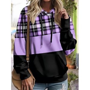 Women Plaid Spring/Fall Printing Long Sleeve Casual Daily Hoodie