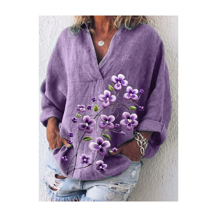 Women Floral Long Sleeve Shirt Spring/Fall Printing Shawl Collar Daily Casual Top