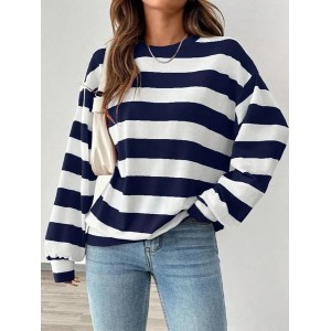 Women Striped Crew Neck Printing Casual Spring/Fall Long Sleeve Sweatshirt