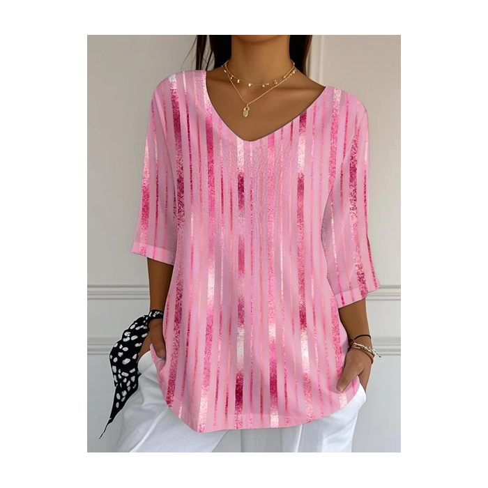 Women Abstract Three Quarter Sleeve Tee T-shirt V Neck Printing Casual Spring/Fall Graphic Tee Top