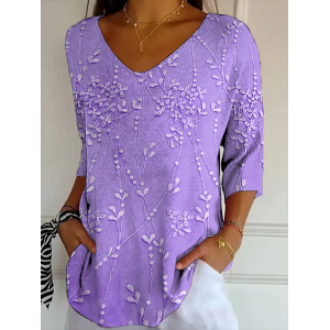 Women Floral Three Quarter Sleeve Tee T-shirt V Neck Printing Casual Spring/Fall Graphic Tee Top