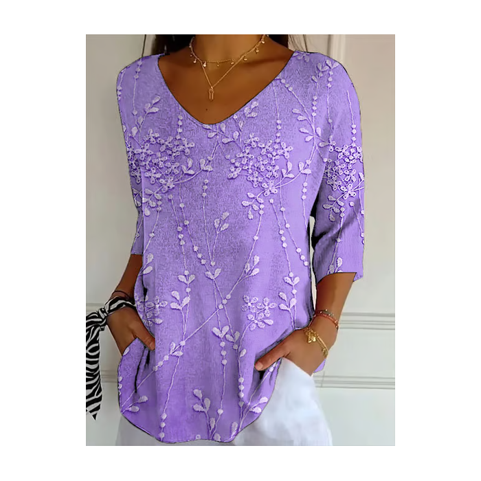 Women Floral Three Quarter Sleeve Tee T-shirt V Neck Printing Casual Spring/Fall Graphic Tee Top