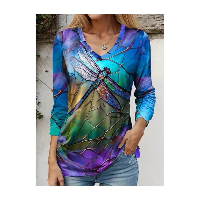 Women Dragonfly Long Sleeve Tee T-shirt V Neck Printing Casual Spring/Fall Graphic Tee Top
