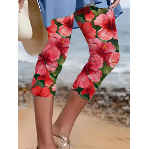 Women's Floral Capris Elastic Waist Pant Casual Summer Trousers