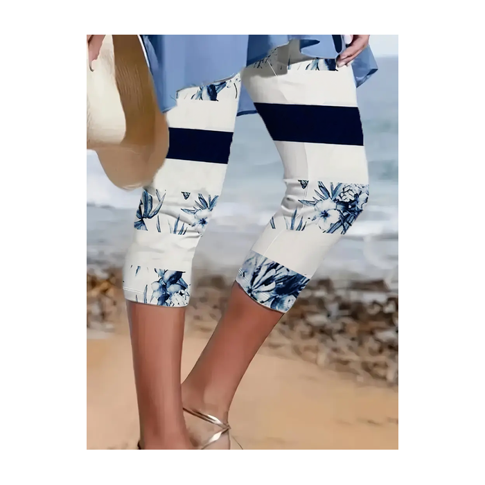 Women's Striped Capris Elastic Waist Pant Casual Summer Trousers