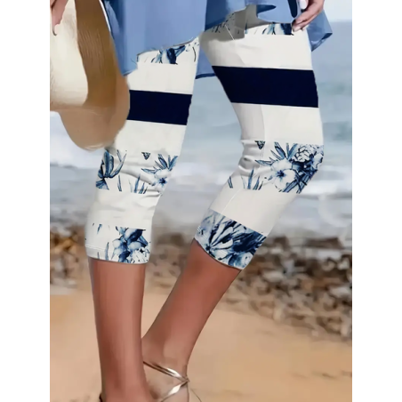 Women's Striped Capris Elastic Waist Pant Casual Summer Trousers