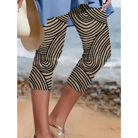 Women's Abstract Stripes Capris Elastic Waist Pant Casual Summer Trousers