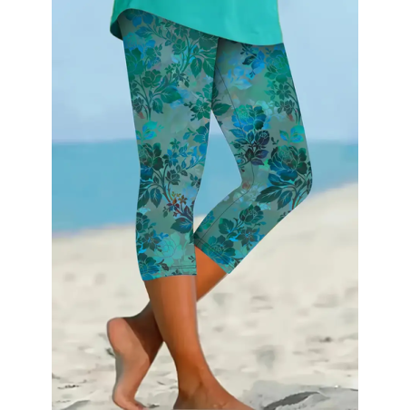 Women's Floral Capris Elastic Waist Pant Casual Summer Trousers
