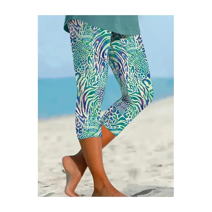 Women's Random Print Capris Elastic Waist Pant Casual Summer Trousers