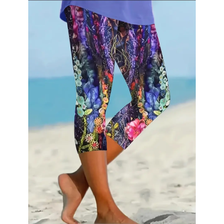 Women's Floral Capris Elastic Waist Pant Casual Summer Trousers