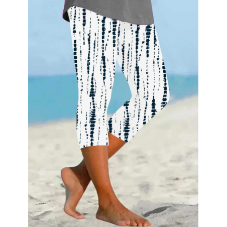 Women's Abstract Stripes Capris Elastic Waist Pant Casual Summer Trousers
