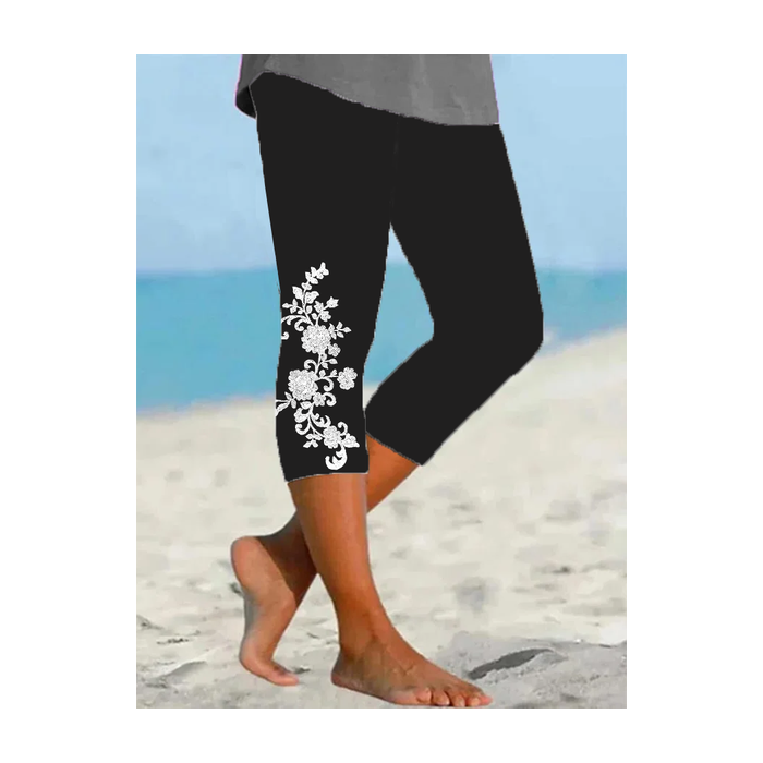 Women's Floral Capris Elastic Waist Pant Casual Summer Trousers