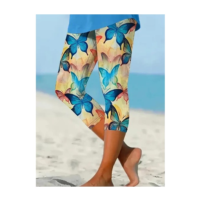 Women's Butterfly Capris Elastic Waist Pant Casual Summer Trousers