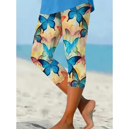 Women's Butterfly Capris Elastic Waist Pant Casual Summer Trousers