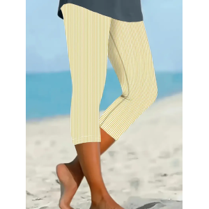 Women's Striped Capris Elastic Waist Pant Casual Summer Trousers