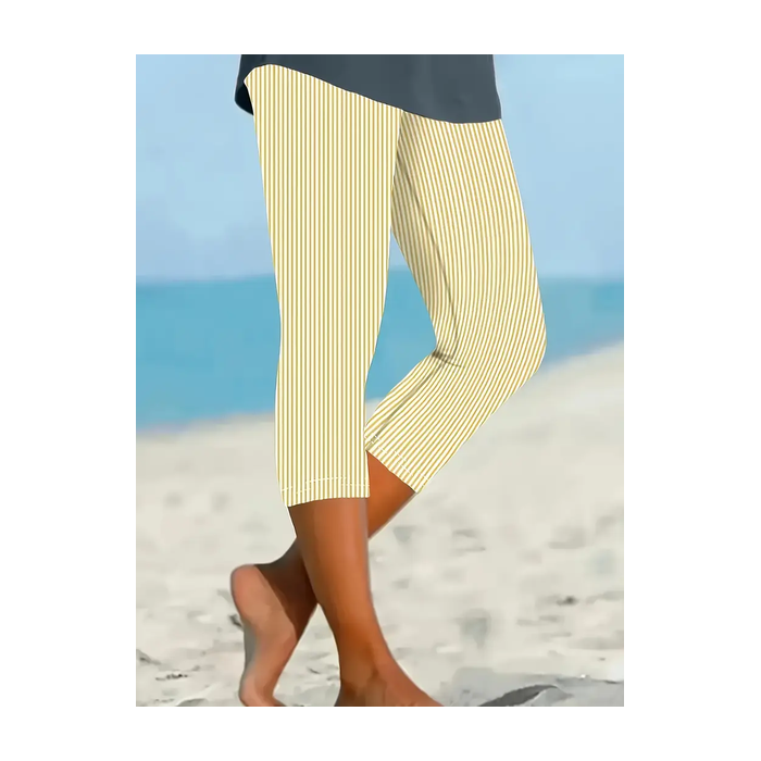 Women's Striped Capris Elastic Waist Pant Casual Summer Trousers