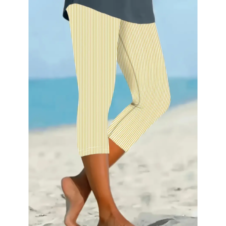 Women's Striped Capris Elastic Waist Pant Casual Summer Trousers