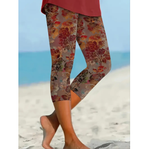 Women's Floral Capris Elastic Waist Pant Casual Summer Trousers