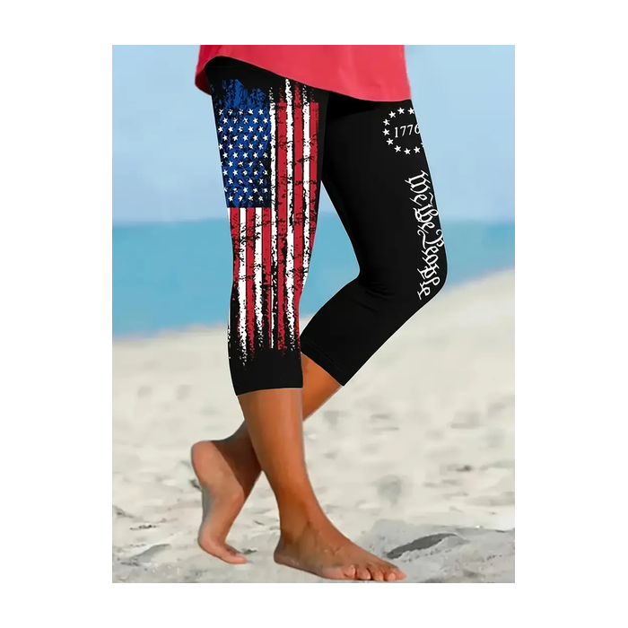 Women Independence Day (Flag) Capris Elastic Waist Pant Casual Summer Trousers