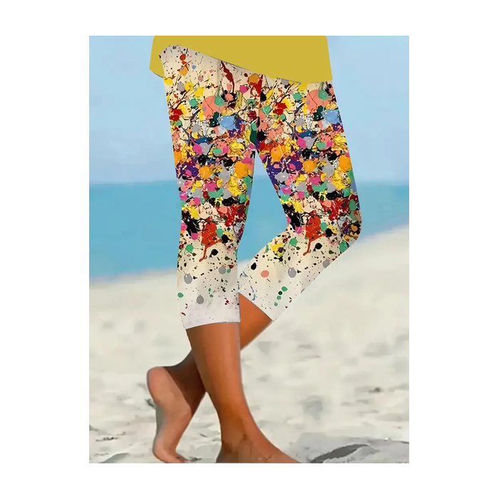 Women Abstract Capris Elastic Waist Pant Casual Summer Trousers