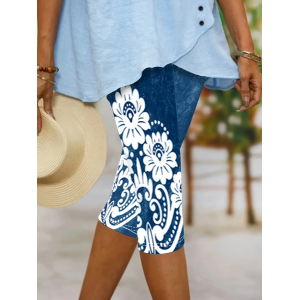 Women Faux Denim Print Graphic Capris Elastic Waist Pant Casual Summer Trousers