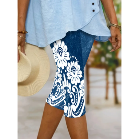 Women Faux Denim Print Graphic Capris Elastic Waist Pant Casual Summer Trousers