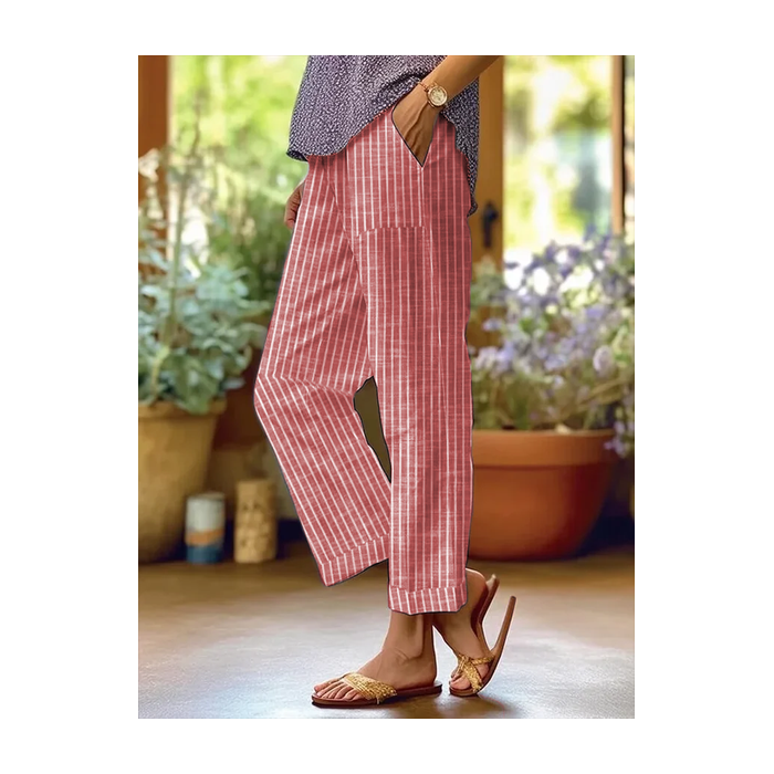 Women's Trousers Straight Pants Daily Going Out Casual Printing Linen Blend Striped Spring/Fall Pants