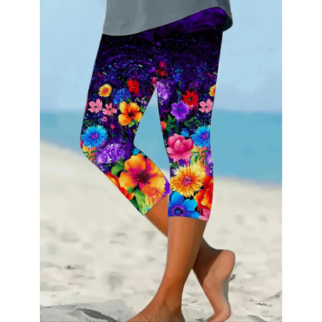 Women Floral Capris Elastic Waist Pants Casual Summer Trousers