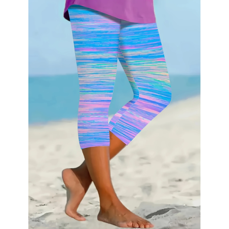 Women Striped Capris Elastic Waist Pants Casual Summer Trousers